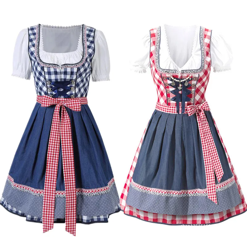 Traditional Women Oktoberfest Dirndl Dress Bavarian Beer Maid Costume Party Female Cotton Embroidered Short Sleeve Dress