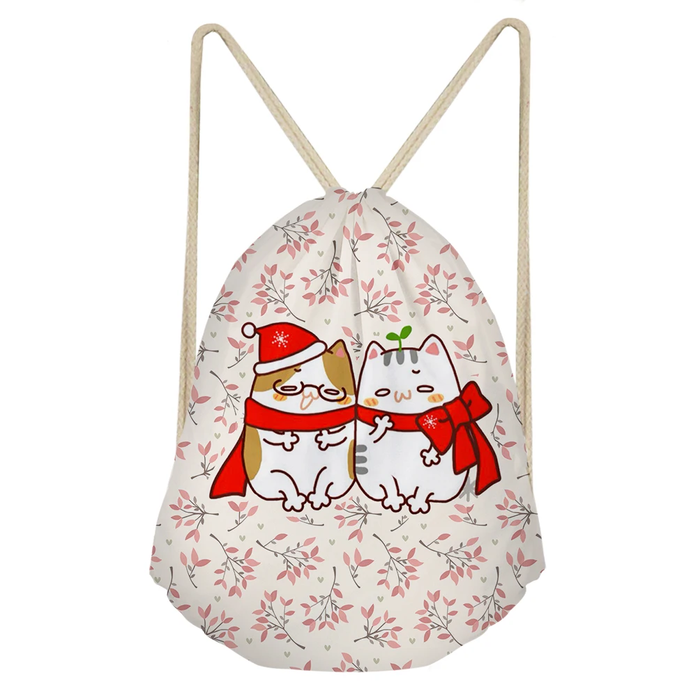 Cute Christmas Cat Print Drawstring Bag High Quality Student Backpack Travel Multifunction Ladies Outdoor Knapsack