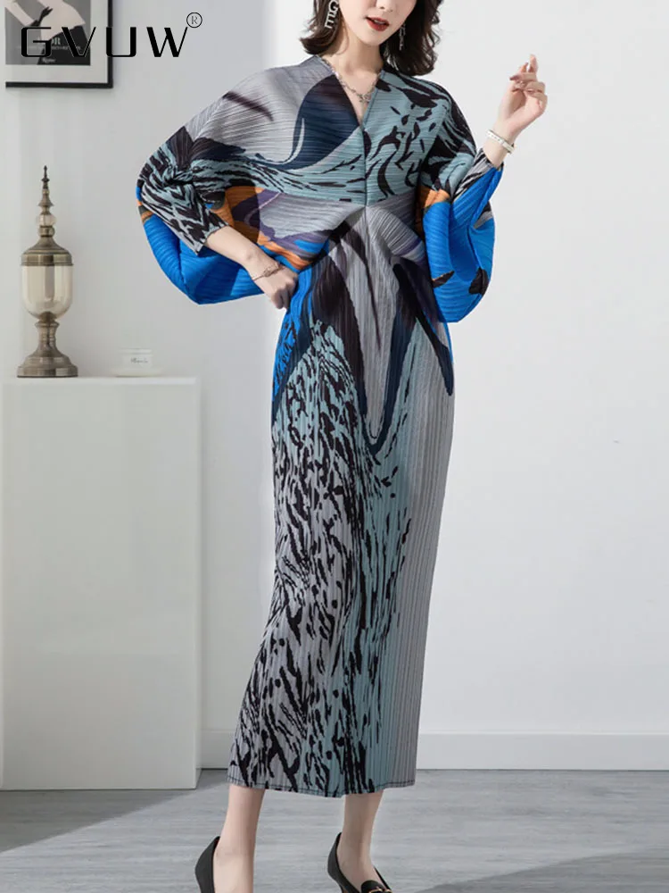 GVUW Trend Printing Pleated Dress Batwing Sleeve V-Neck Loose Long Dresses Female Elegant Retro Clothing 2023 Spring New 17G0892