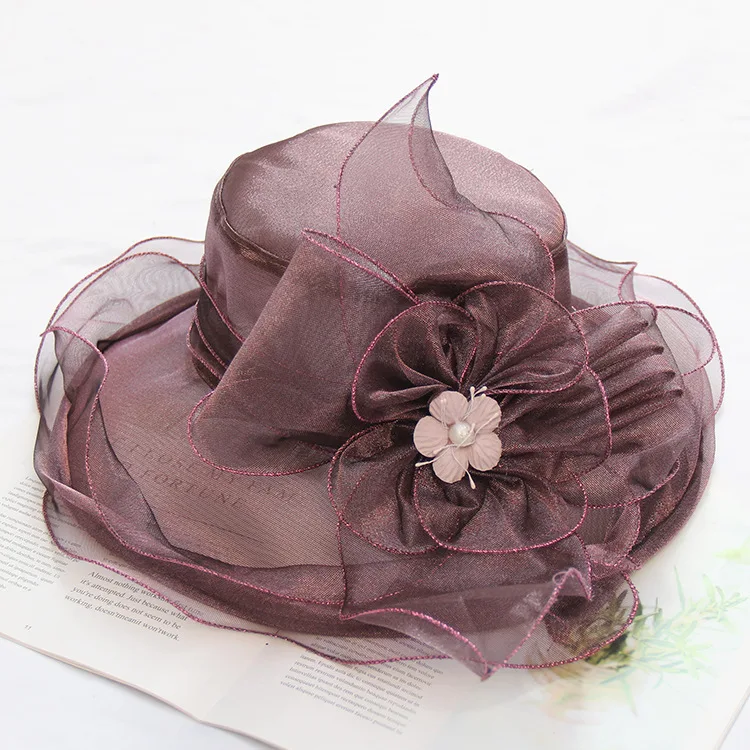 

Organza Summer Hat Women Kentucky Derby Wide Brim Sun Hat Wedding Church Sea Beach Hats For Women Floppy Ladies Fedora Cap