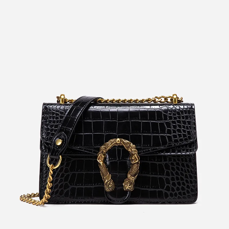 Женская сумка через плечо с квадратной цепочкой и крокодиловым узором глянцевая