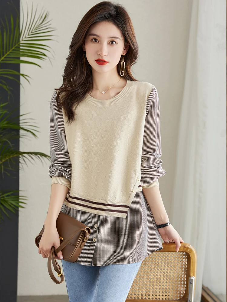 Весна и осень 2024 новый свитер лоскутные рубашки модный западный стиль средней