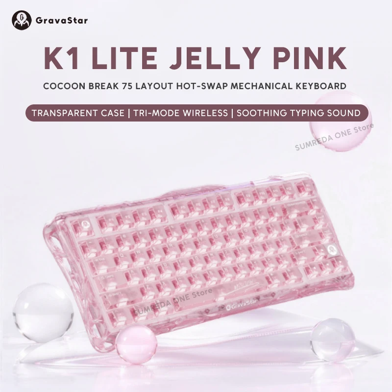 Фото Беспроводная игровая механическая клавиатура Grava Star Mercury K1 Lite Jelly Pink K1 75% с Bluetooth и проводным подключением, RGB, с возможностью горячей замены переключателей, для геймеров №1