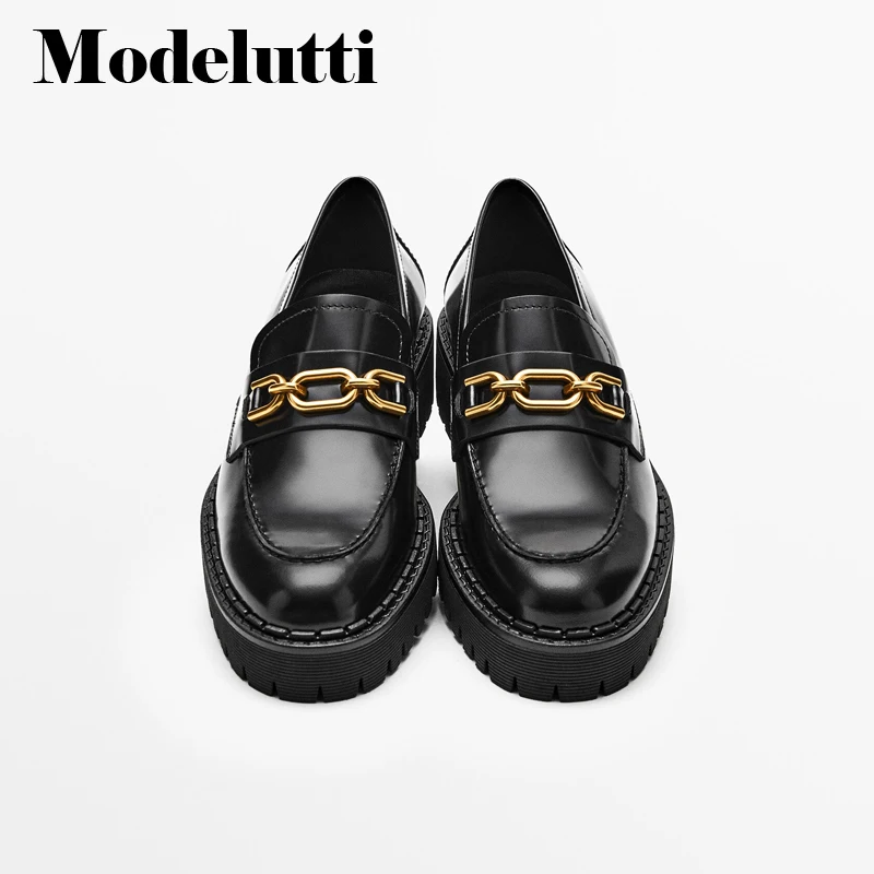 

Modelutti 2022 Spring Autumn Fashion Black Genuine Leather Platform Shoes Women Solid Simple All-match Casual Loafers Female