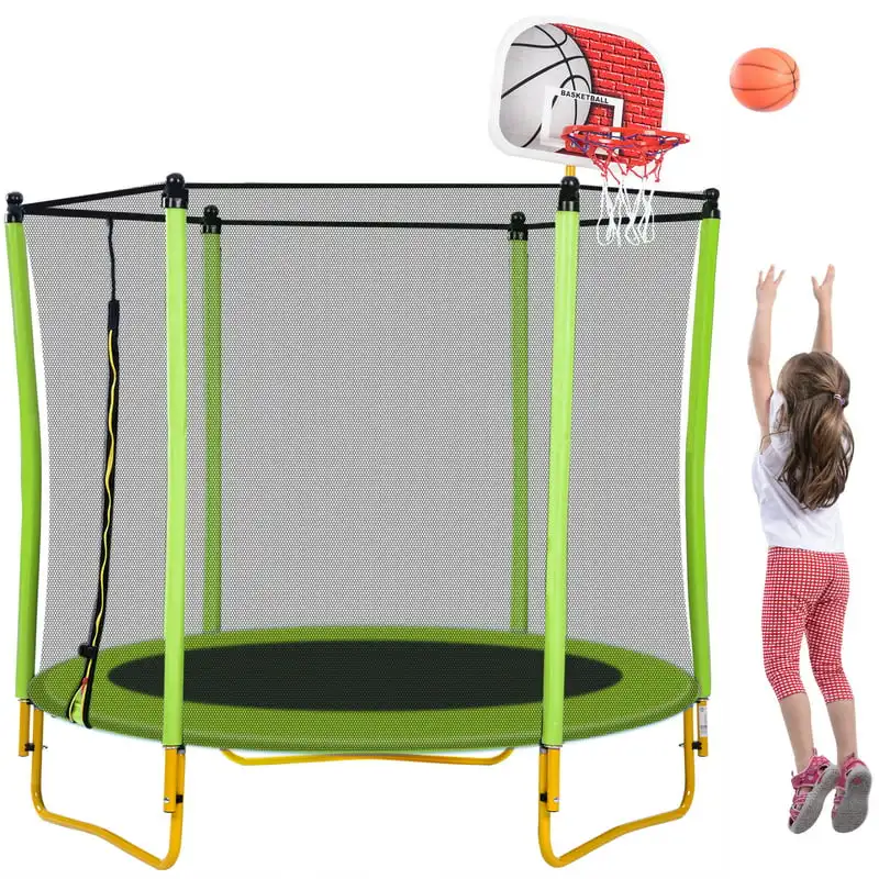 

Trampoline for Kids - 65" Outdoor & Indoor Mini Toddler Trampoline with Enclosure, Basketball Hoop and Ball Included