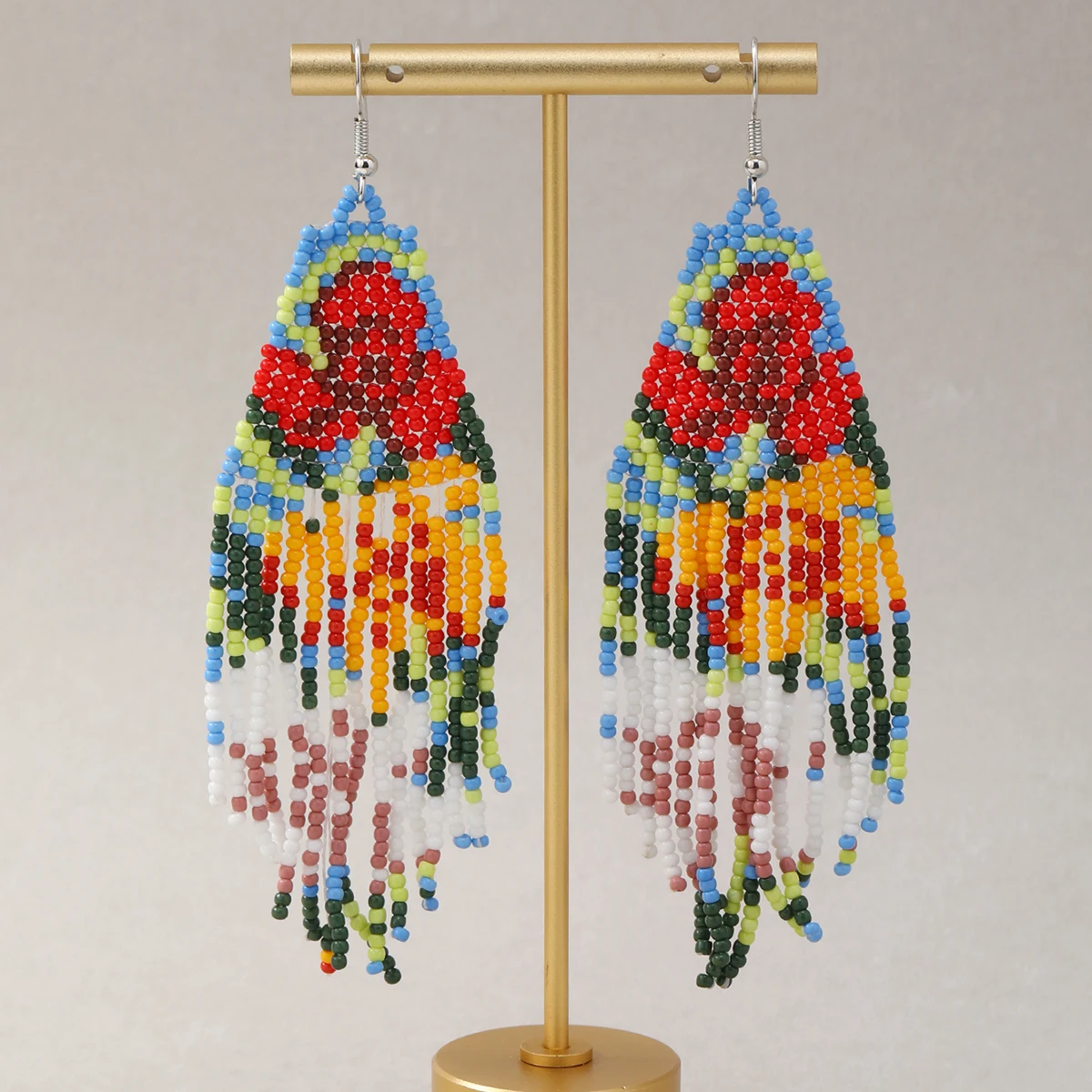 

Bohemian Seed Bead Flower Dangle Earrings for Women Long Tassel Handmade Weaving Statement Earrings with Oil Painting Style