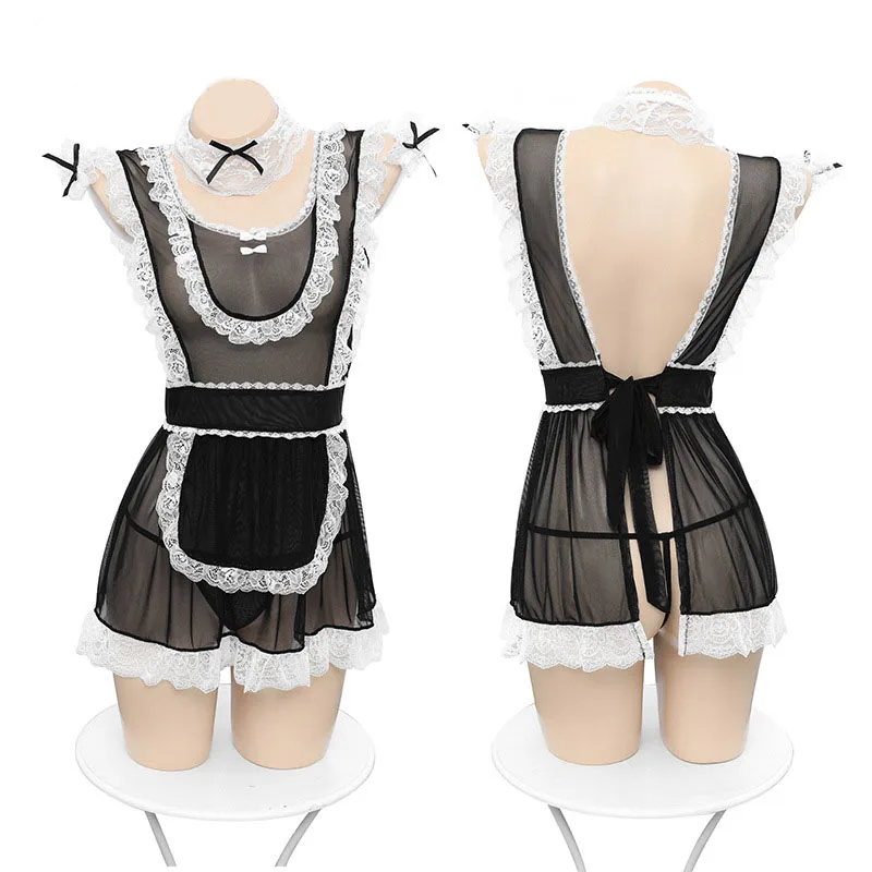 

Черные милые костюмы горничной лолиты для девушек Милая горничная сетчатая кружевная Сексуальная экзотическая одежда псевдо-девочка Косп...