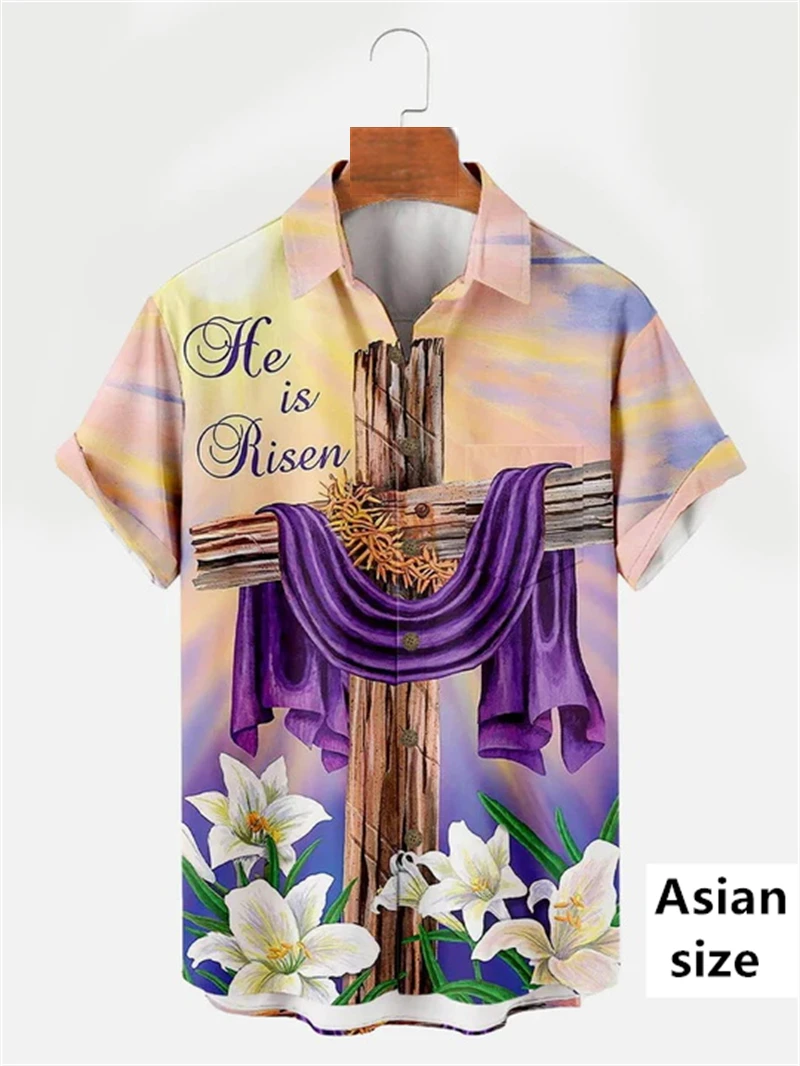 Пасхальные летние рубашки с крестом Иисуса для мужчин коротким рукавом 3D Pritn Flower