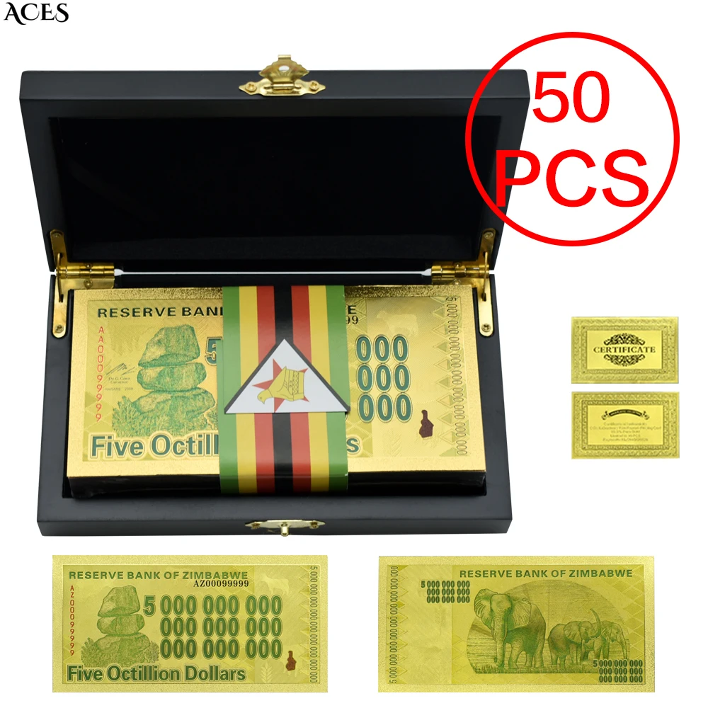 

50pcs Zimbabwe Gold Foil Banknotes Five Octillion Dollars Uncurrency Money with Box Art Worth Collection Festival Gift