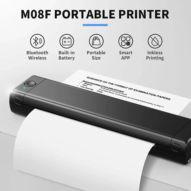 

M08F A4 Paper Portable Thermal Printer 216mm Wireless Bluetooth Compatible with Android IOS Laptop for Travel Office Printers