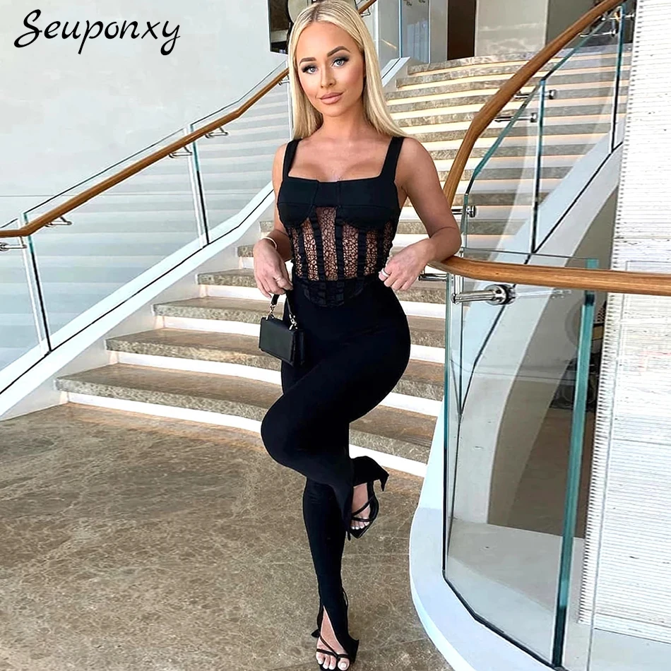 

High Quality Spring Women's Fashion Black Bodycon Jumpsuit 2022 New Sexy Spaghetti Strap Lace Patchwork Party Bandage Jumpsuit