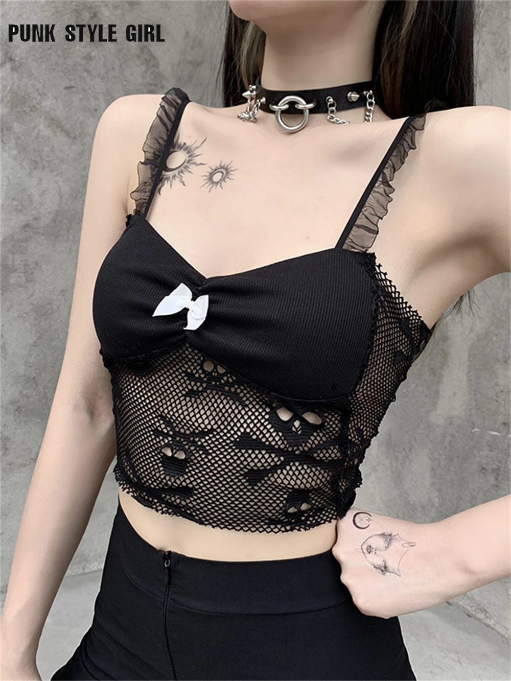 

Women Tanks Top Crop Camis See-through Navel Night Club Streetwear Lace Corset Short Y2k Gothic Fairy Grunge Sexy Outfits Female