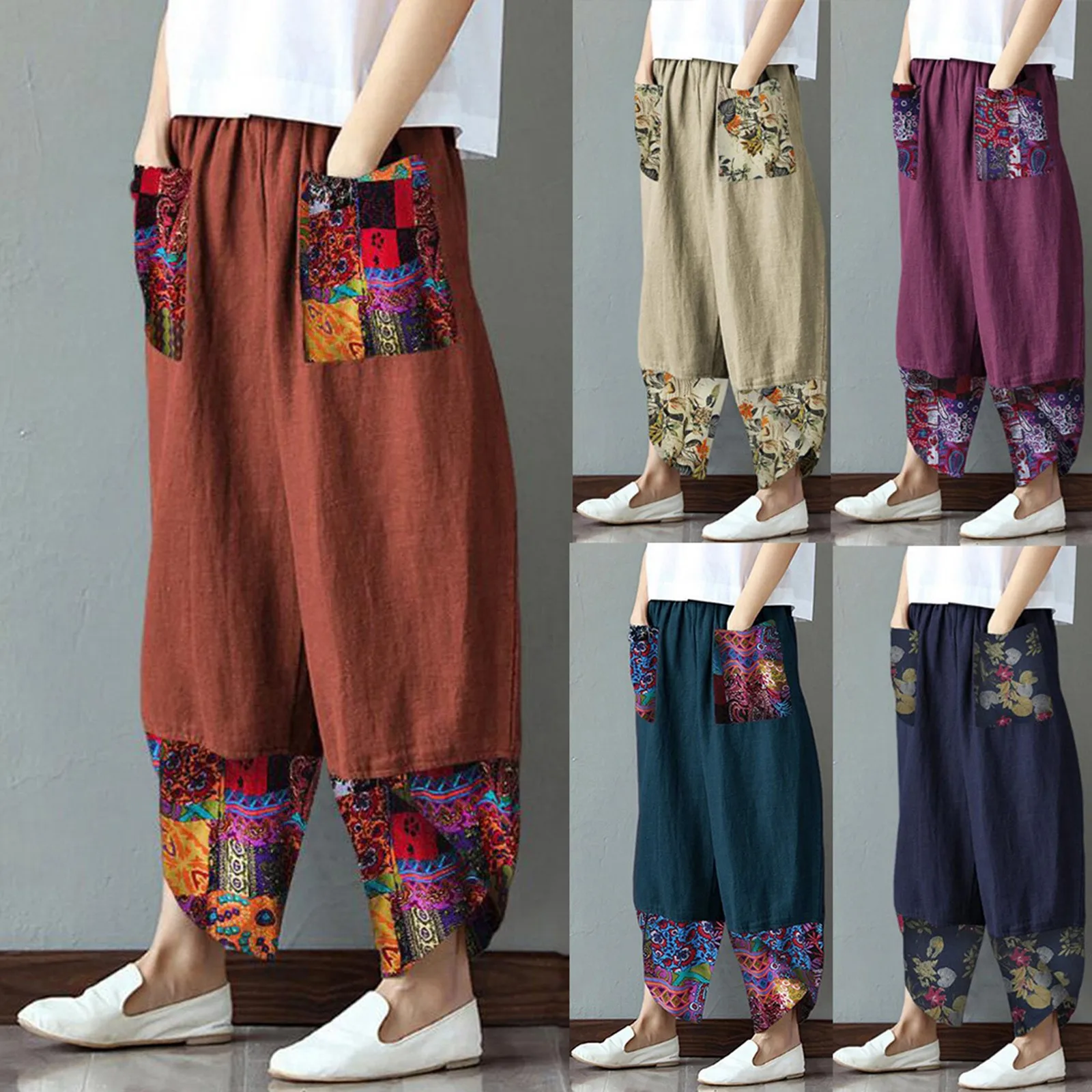 2023 Fashion Ethnic Print Pants Casual Patchwork Pocket Pants Ladies Loose Wide Leg Pants Elegant Street Ladies Female Pants