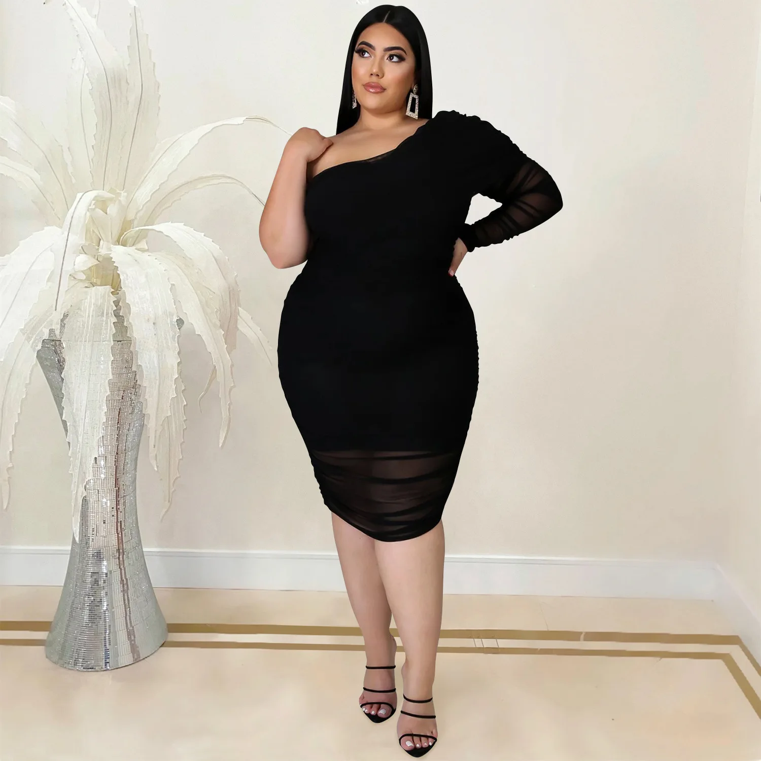 Plus Size Dress Prom Dress Plus Size Solid Mini Dress Sexy Slim Fashion Solid Oblique Cape Mid Dress Dress Women Evening Dress