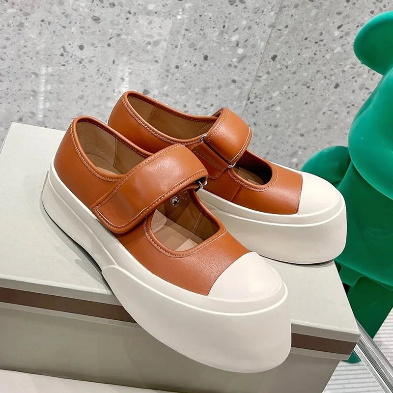 

Donna-in Caramel Calfskin Mary Jane Women Vintage Round Toe Platform Rubber Sole Casual Female Medium Heel Genui Leather Shoes