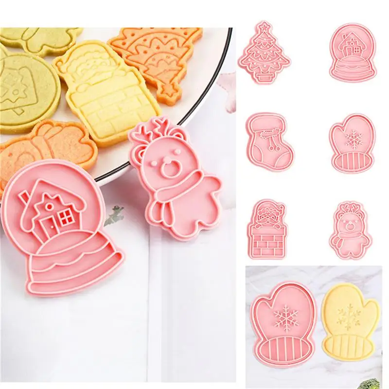 

6 Pieces Christmas Cookie Molds 3D Biscuit Fondant Mould Stamps Plastic Push-type Household Baking Tool