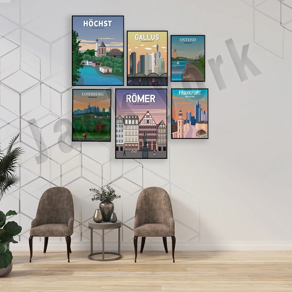 Friedberger Platz Frankfurt skyline Ostend Westhafen EZB vintage travel poster