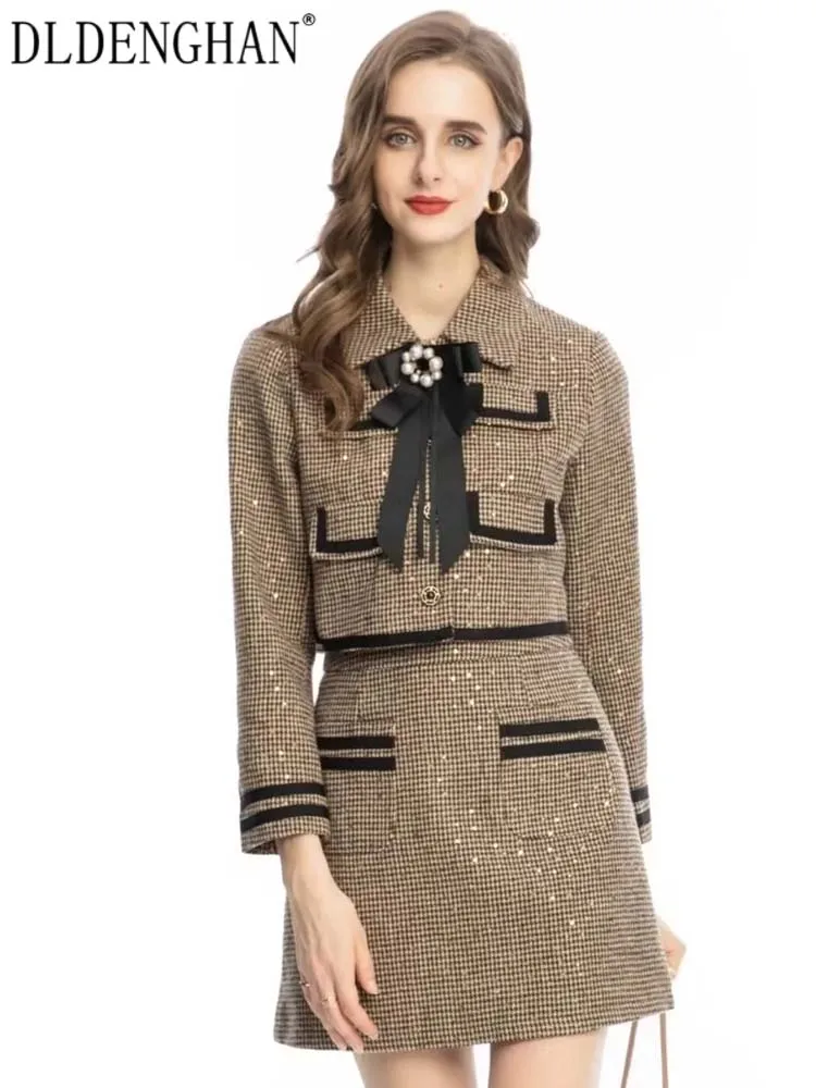 

DLDENGHAN Autumn Sequins Plaid Tweed Suit Women New Beading Bow Long Sleeves Short Jacket + Skirt Two Piece Set