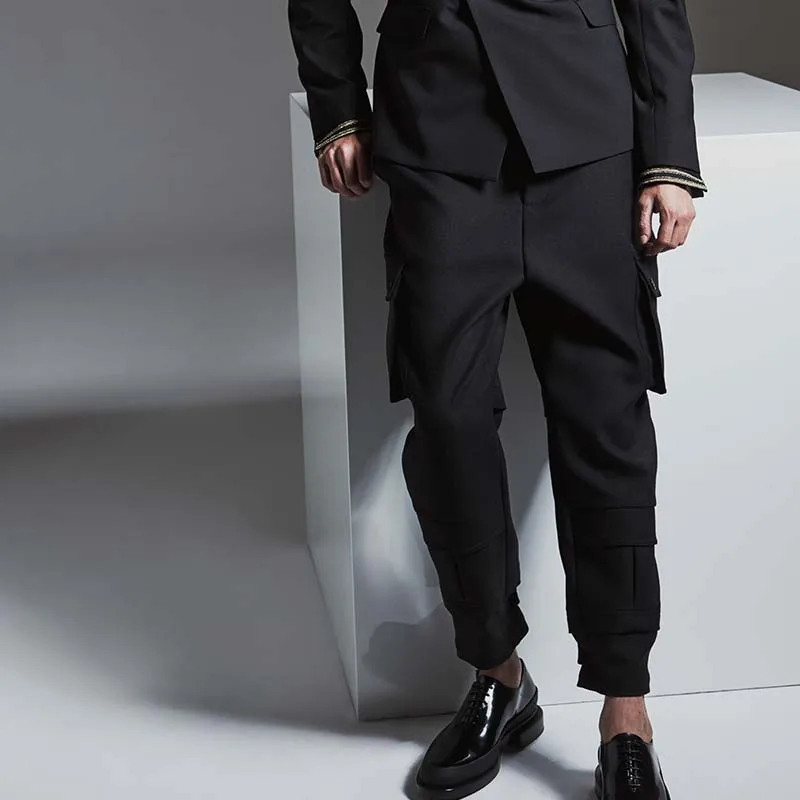 Men's Black Elastic Waist Elastic Overalls Three-Dimensional Pocket Multi Pocket Decorative Casual Pants Dance Pants