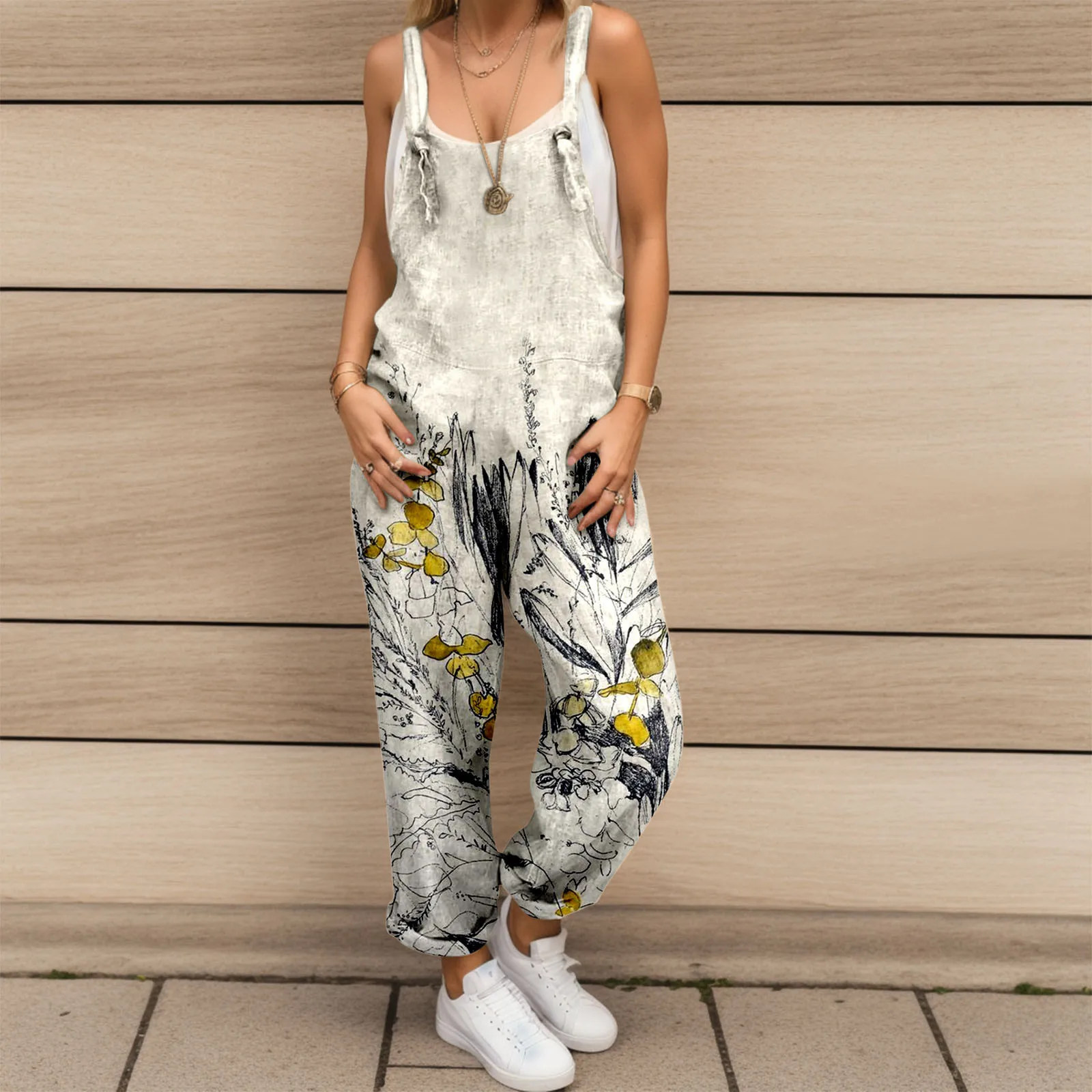 

Women'S Jumpsuit 2023 Women Casual Ethnic Floral Onesie Spaghetti Strap Loose Romper Overalls Pocket Summer Fashion Jumpsuits