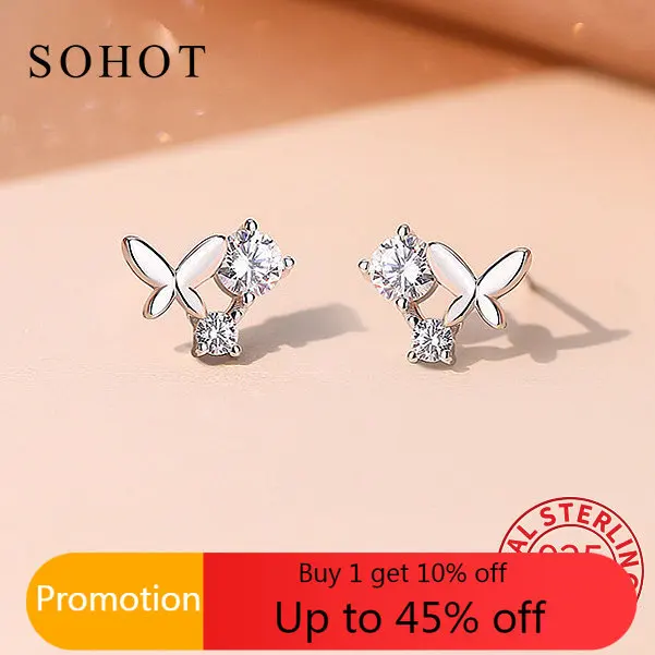 

New Real 925 Sterling Silver Zircon CZ Butterfly Stud Earrings for Women Minimalist Fine Jewelry Bohemian Insect Accessories