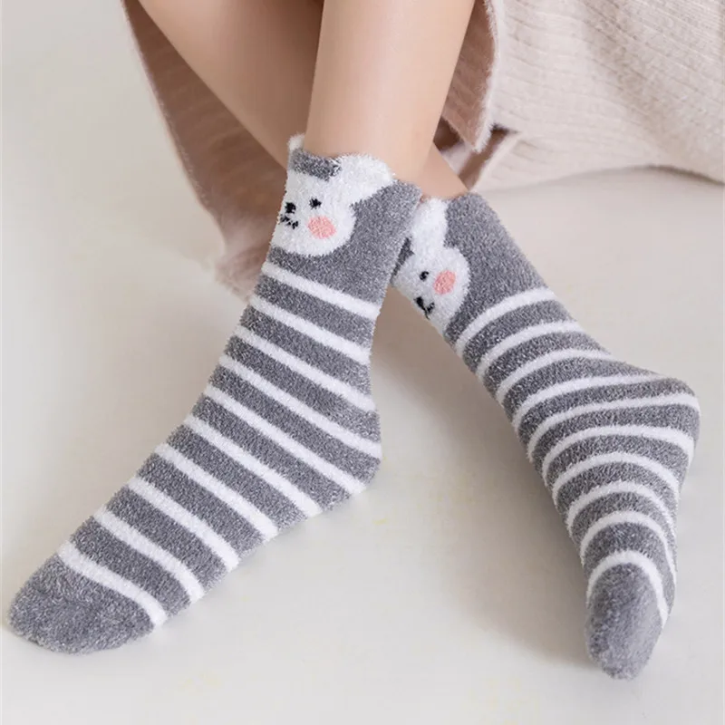 5 Pairs Winter Socks Women Fleece Thicken Keep Warm Sleep Floor Sock Striped Kawaii Cartoon Cat Rabbit Dog Animal Hot Sale