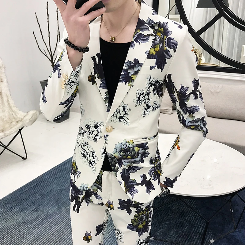 (Jacket+Pants) Men's Suit Korean Slim Hair Stylist Floral Suit 3 Piece Night Club Dj Stage Host Evening Dress Wedding Men's Suit