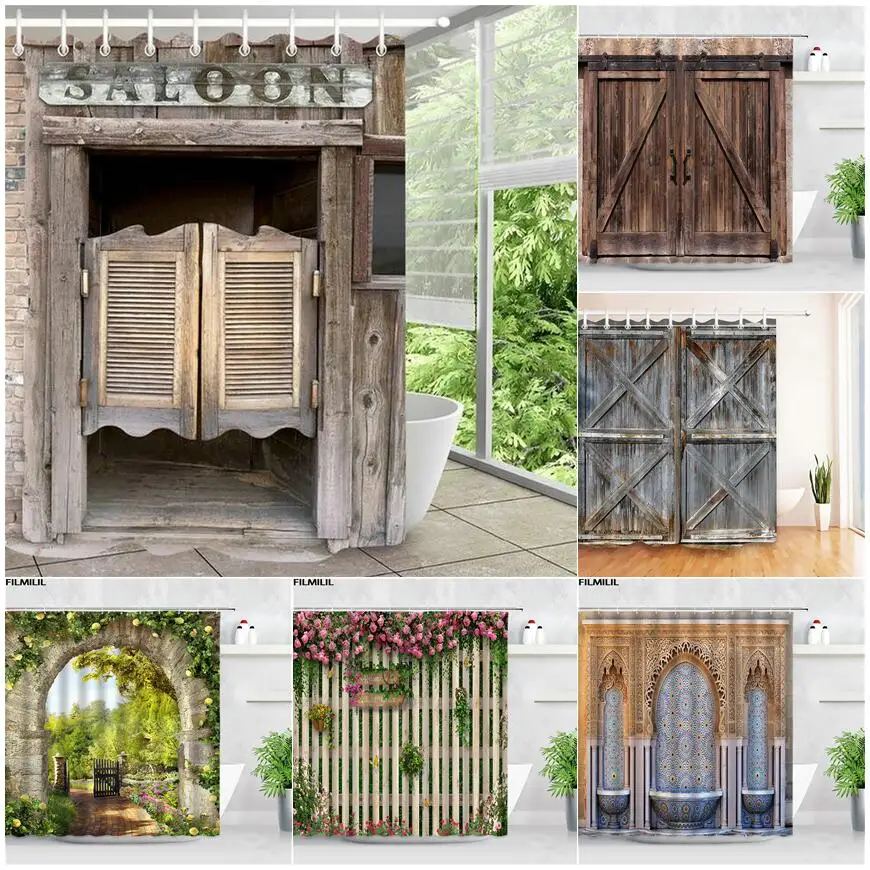 vintage old barn wooden door shower curtains retro wood grain pattern modern fashion home decor waterproof bathroom curtain set free global shipping