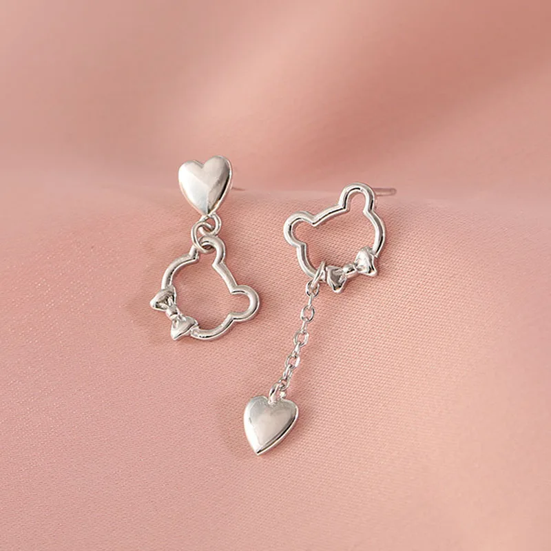 

KOFSAC 925 Silver Bear Heart Tassel Asymmetric Stud Earrings Female Student Cute Earring Fashion Gift Valentine's Day Jewelry