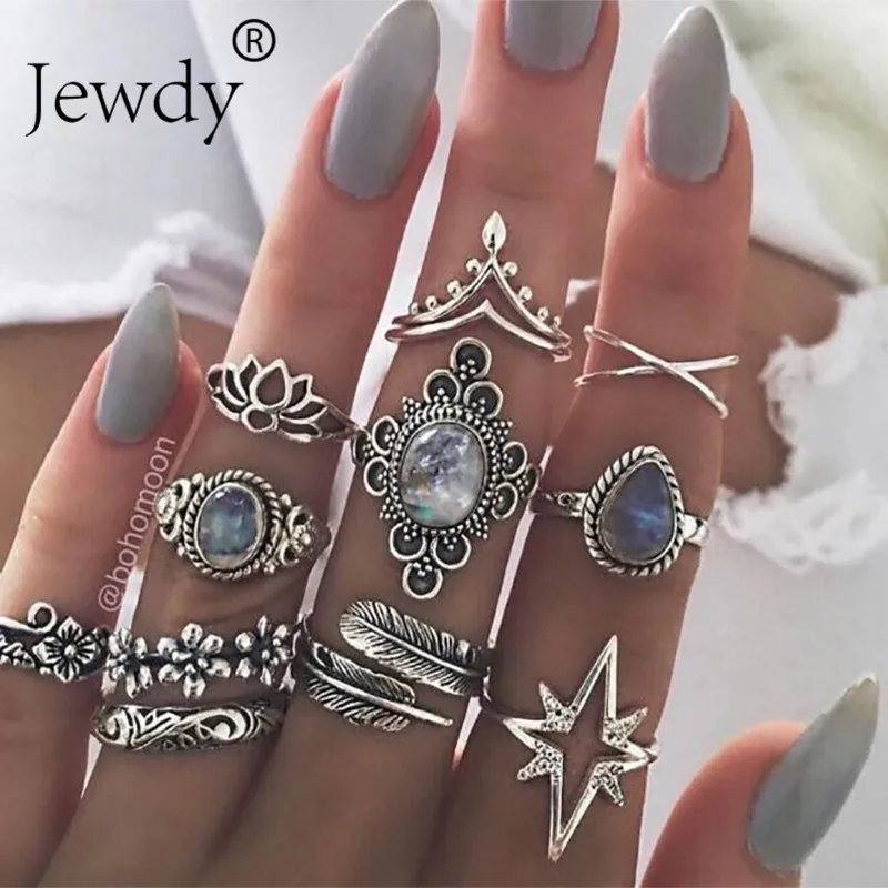 

Jewdy boho rings silver color crystal midi rings set Knuckle jewelry 10pcs/lot leaf Geometric Gypsy Rings Set