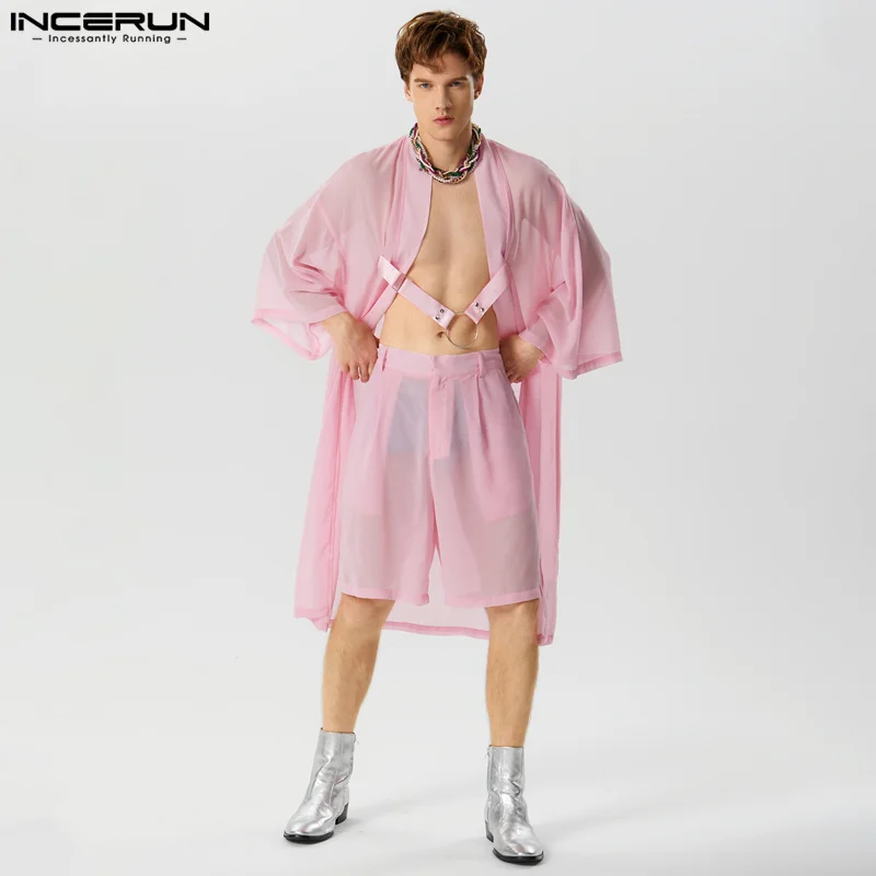 

INCERUN 2023, мужские комплекты, сетчатый прозрачный свободный длинный кардиган с рукавом до локтя и шорты, уличная одежда из 2 предметов, модные мужские костюмы