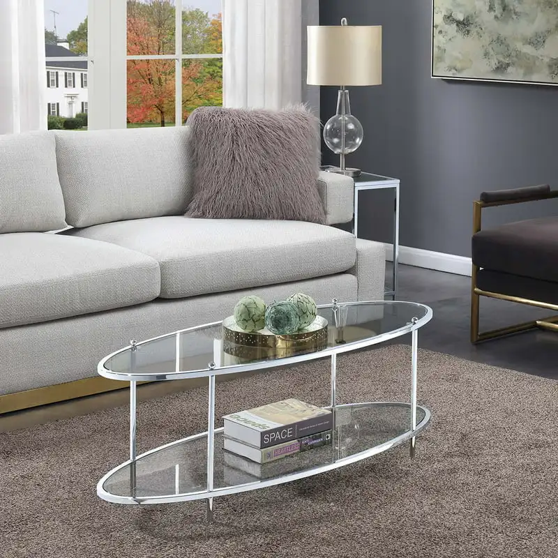 

Creative Living Room Apartment Modern Household Royal Crest 2 Tier Oval Glass Coffee Table, Glass/Chrome
