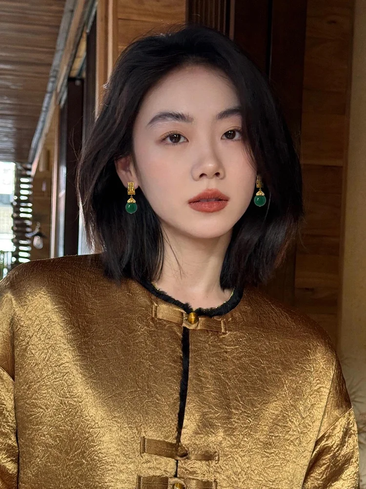 New Chinese Sle Natural Green Chalcedony Earrings National Design High-Grade Women 2024