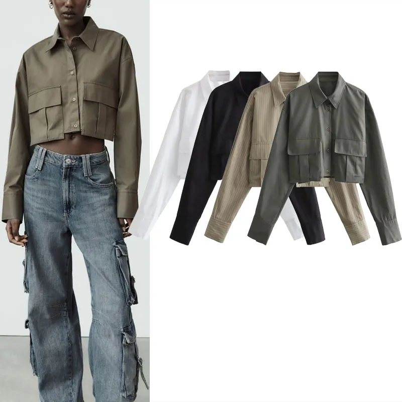 

Женская укороченная рубашка TRAF, осенняя модная однобортная рубашка с лацканами и карманами, 4 цвета, 2023