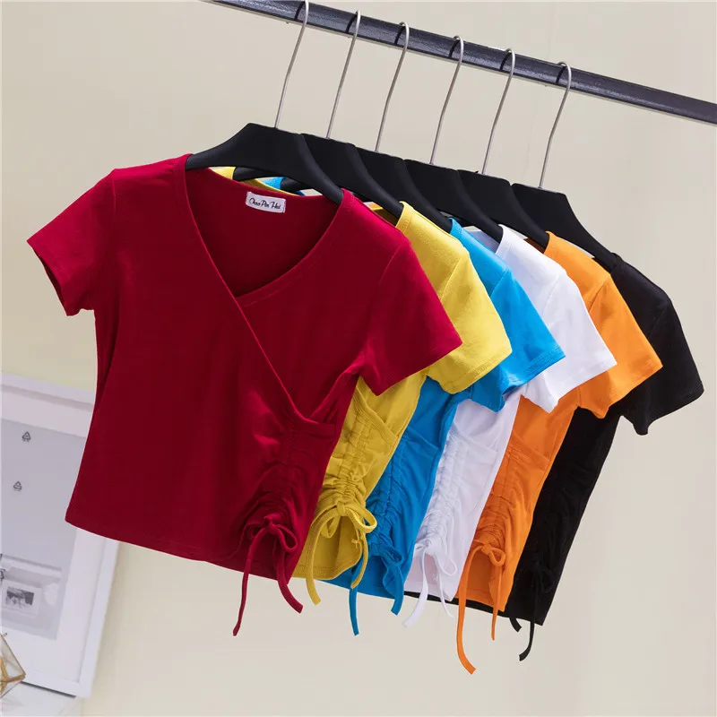 

Женская хлопковая Футболка с V-образным вырезом и высокой талией