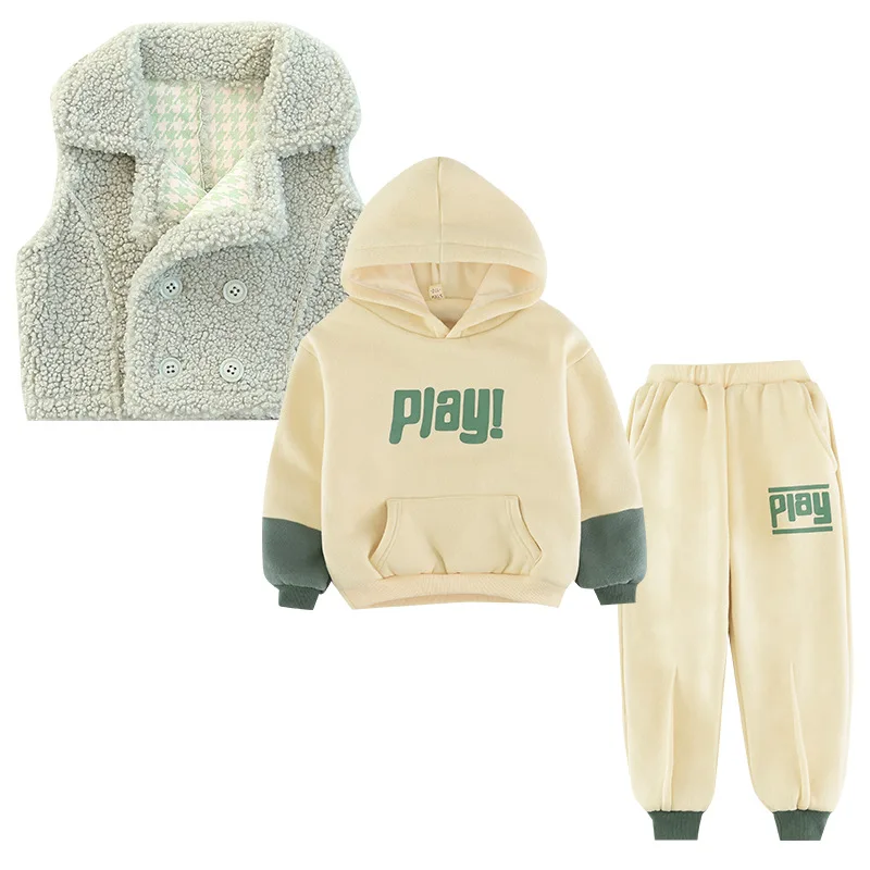 

Girls Sweater Suit Autumn and Winter New Kids Fashion Padded Jacket Thickened Hooded Sweater Casual Pants 3 Piece Set