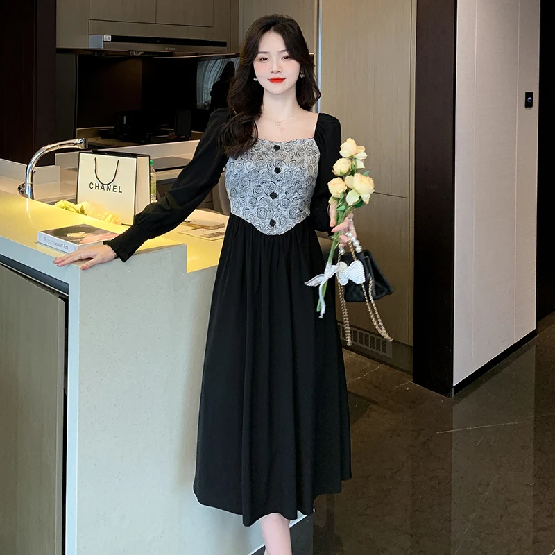 

COIGARSAM Women One Piece Korean Autumn 2022 New French Style Patchwork Long Sleeve Square Collar Black Apricot Dress