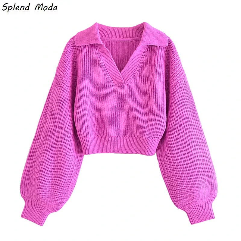 

Splend Moda Autumn Winter Fashion Chic Polo Collar Solid Color All Match Casual Long Sleeve Short Sweater Women Pullover Female