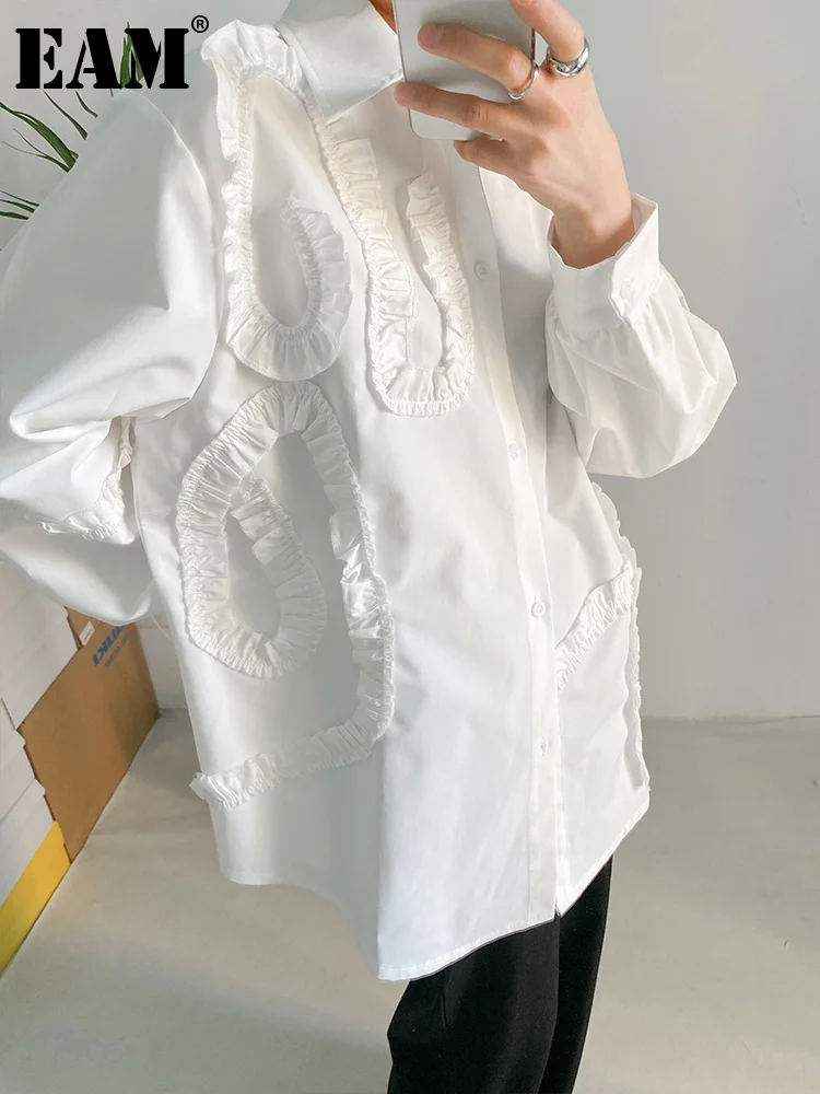 [Eam] Женская белая элегантная блузка большого размера с оборками новая свободная