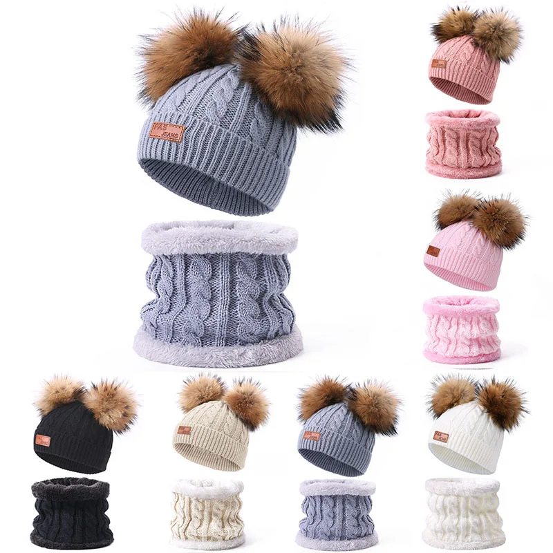 

Children Hat Scarf Newborn Wool Double Ball Knitted Beanie Baby Warm Accessories Boy Winter Hairball Hat for 1-5Y Girls Gifts
