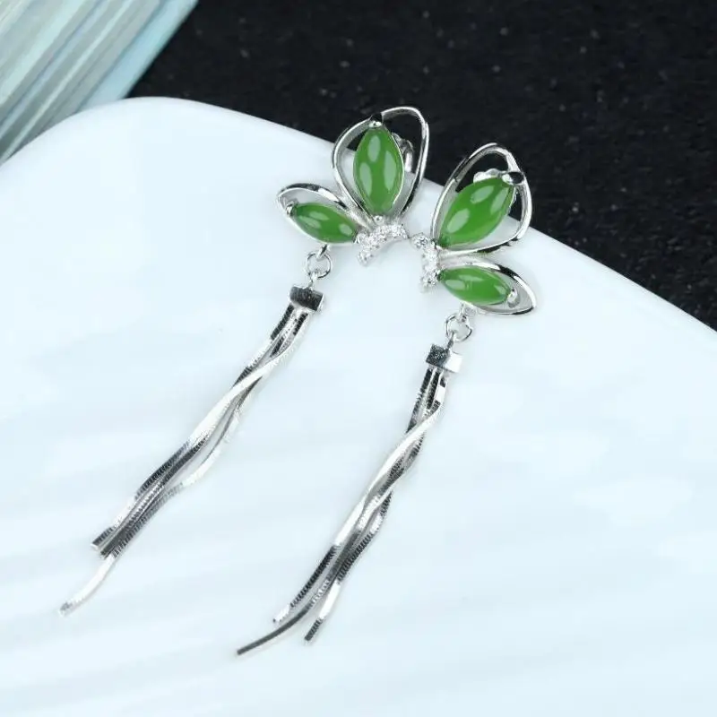 

Send Certificate Natural Green Jade 925 Sterling Silver Butterfly Tassel Earrings Women Fine Jewelry Hetian Jades Dangle Earring