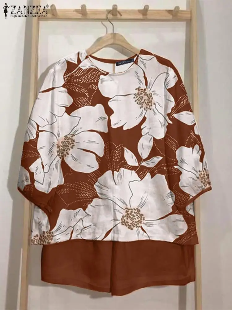 Летний женский короткий костюм ZANZEA 2 шт. богемный спортивный с коротким рукавом