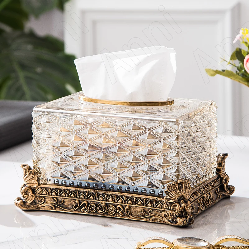 

European Glass Tissue Box Resin Relief Carved Flower Base Western Restaurant Napkin Boxes Retro Home Decoration Ornaments