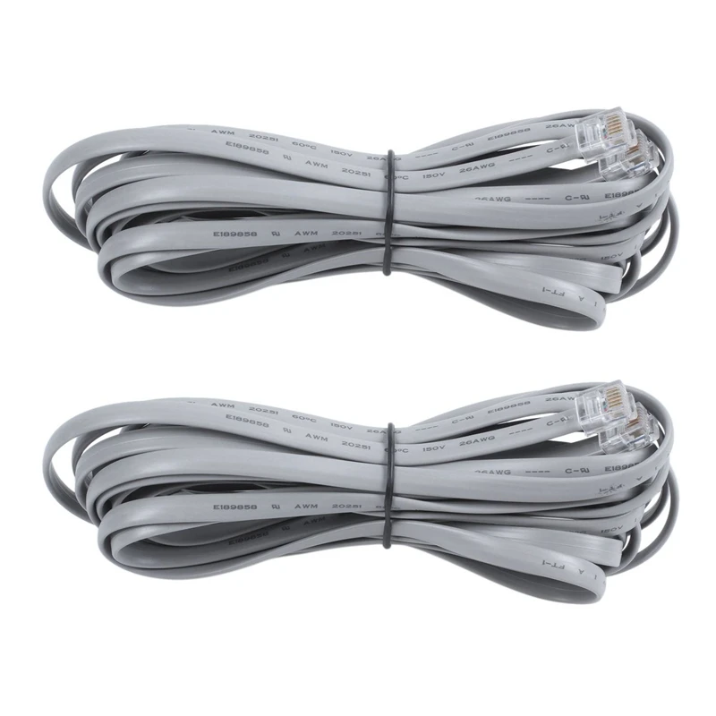 

2X Gray Plastic Noodles 6P6C RJ11 M/M Flat Telephone Cable Cord 5M 16Ft