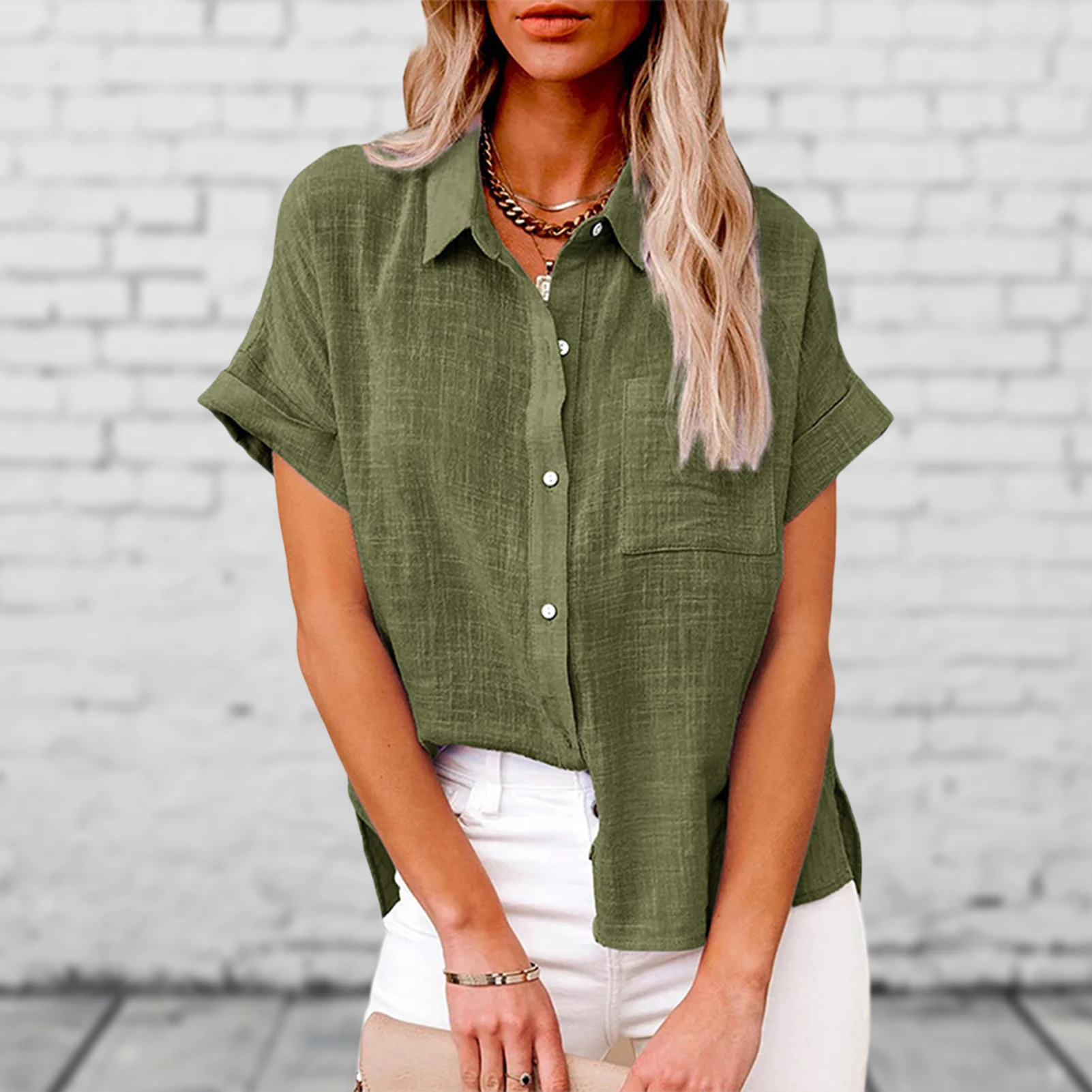 

Women Temperament Casual Solid Color Blouses with Pocket 2023 Y2k High Street Fashion Shirt Korean Short Sleeve Simple Coat