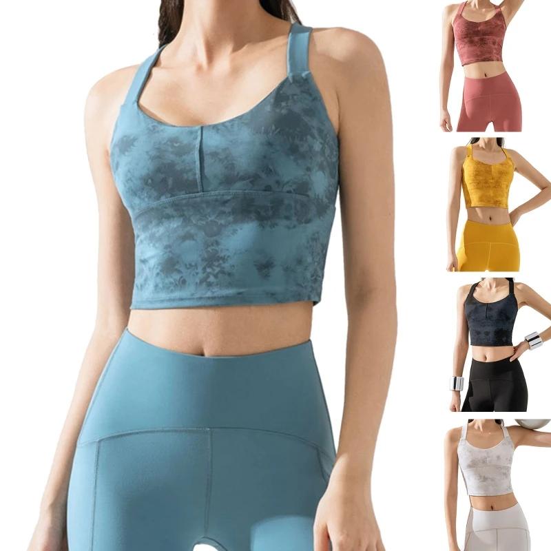 

H8WC Women's Athletic Tie Dye Crop Tank Top Wirefree Yoga Sports Bra Woman Fashion