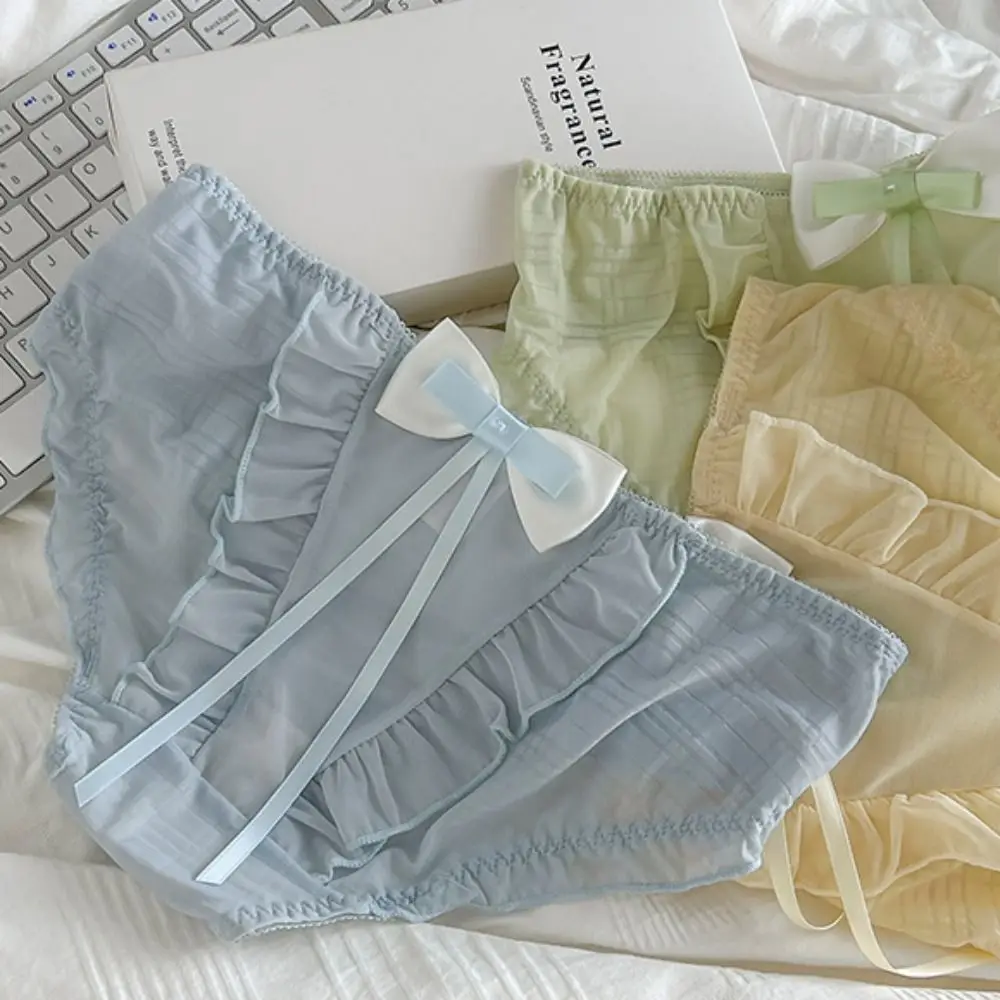 

Silk For Girls Solid Color Cotton Crotch Lolita Sweet Briefs Bow Ribbon Lingerie Women Lace Panties Korean Underwear