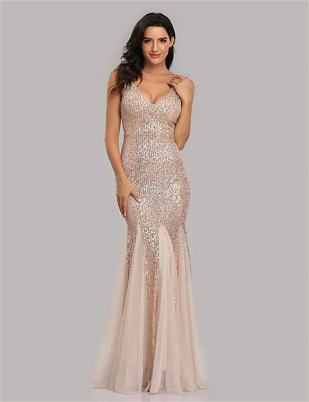 

Beautiful Mermaid/Trumpet Evening Dresses Sparkle Sexy Prom Wear Formal V-Neck Sleeveless Floor Length Sequined With Sequin 2023