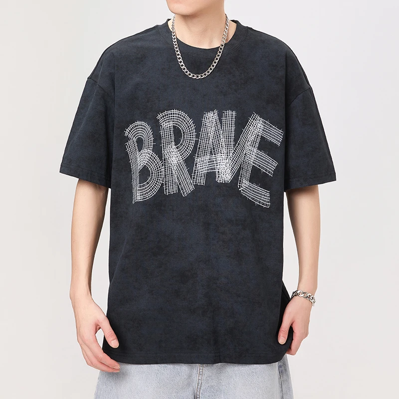 Модная и удобная свободная Мужская футболка американская вязаная иглой с