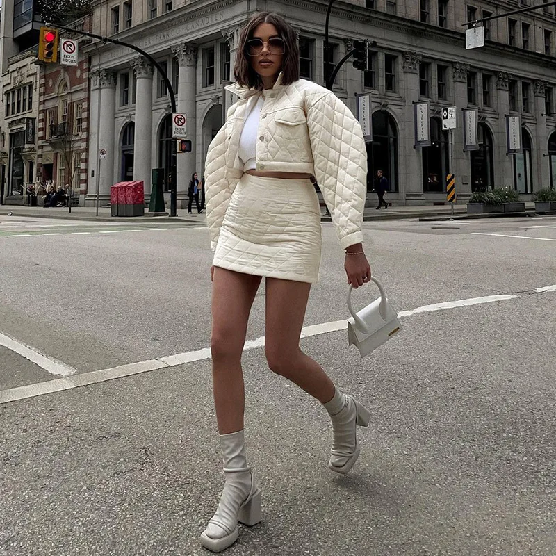 Single-breasted Lapel Long-sleeved Quilted Jacket 2022 Winter Cotton Clothing Women's Diamond Plaid Casual Solid Color Skirt